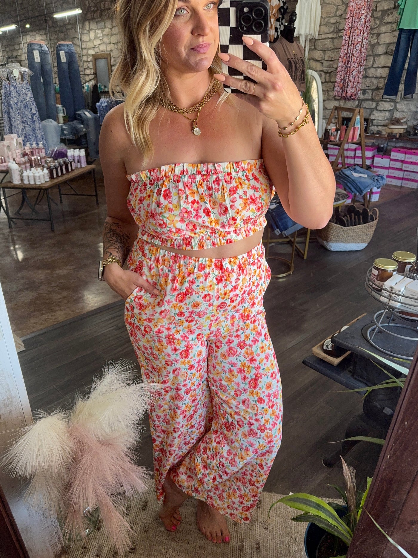 Boho Floral Bandeau Top & Wide Leg Pants Set