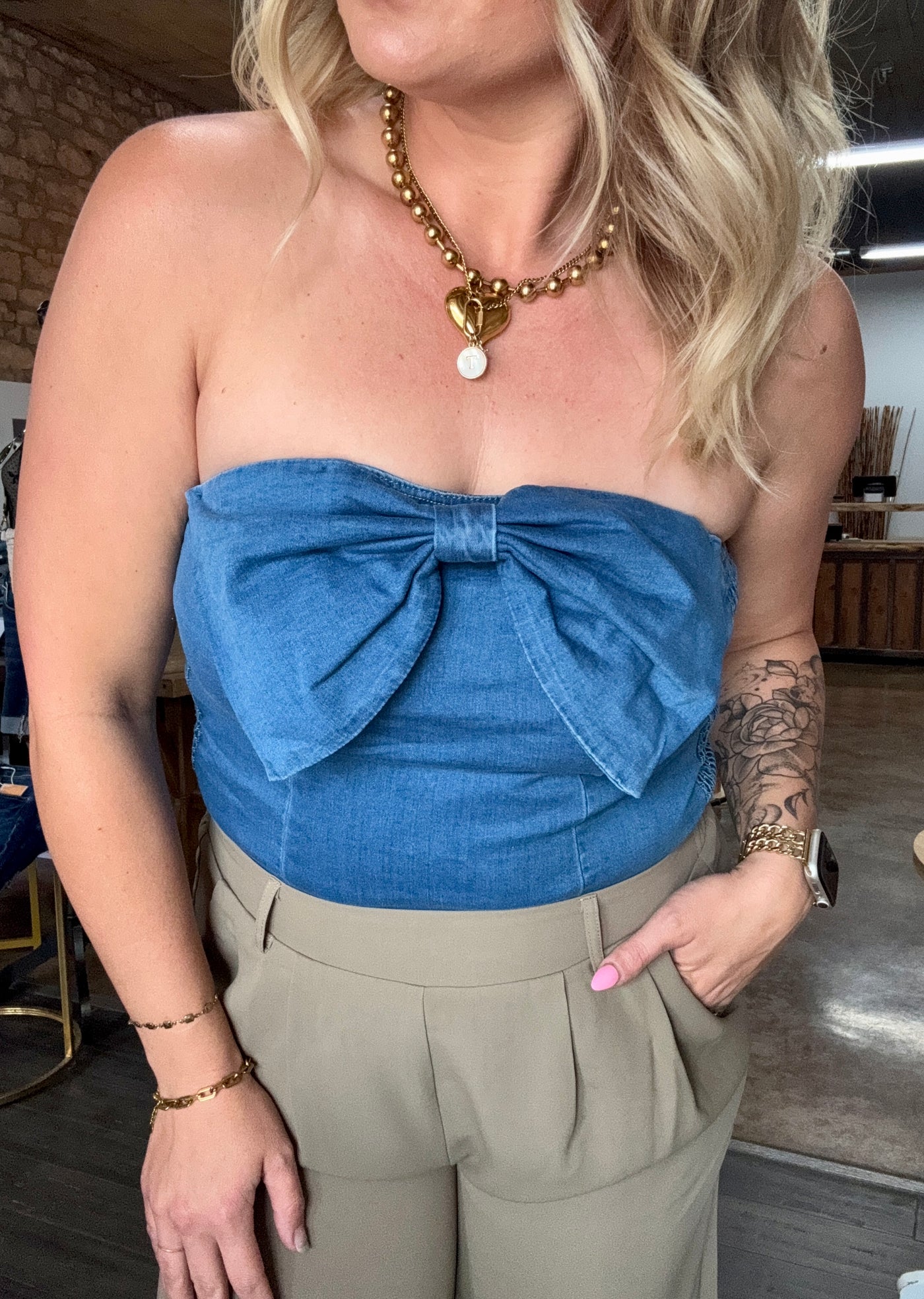 Vintage Front Bow Denim Tube Top