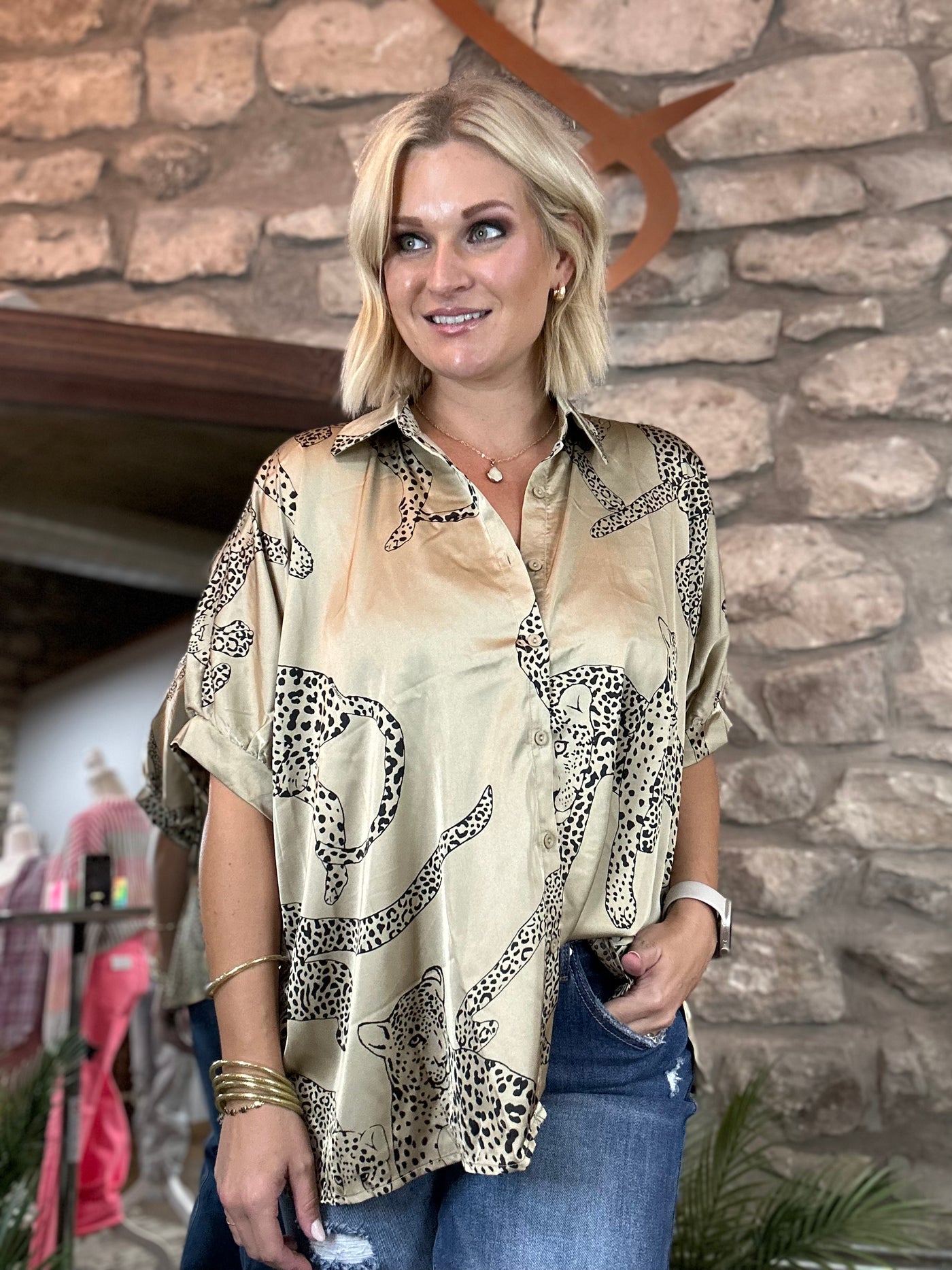 Satin Leopard Button Up Top