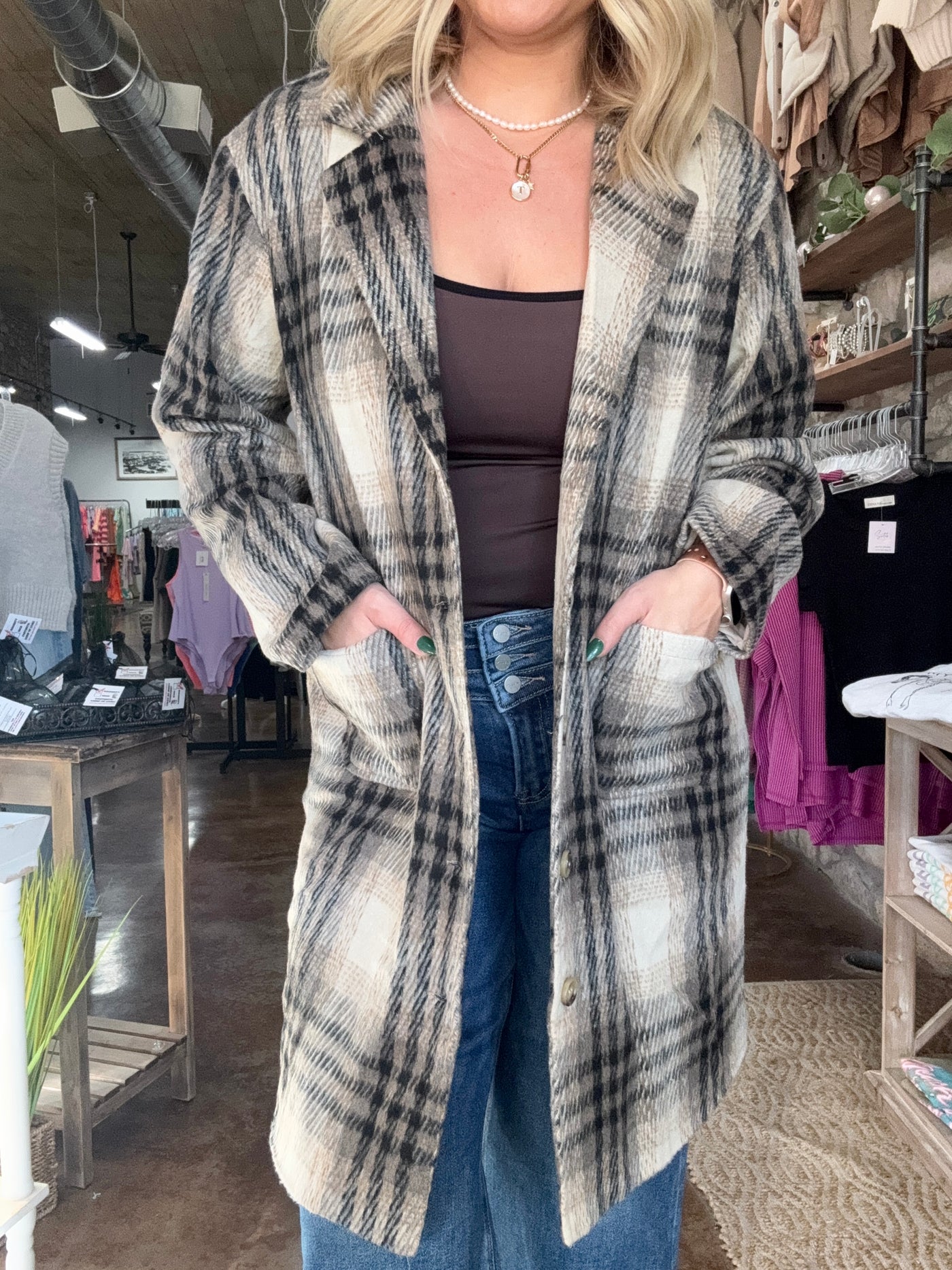 Plaid Knee Length Coat