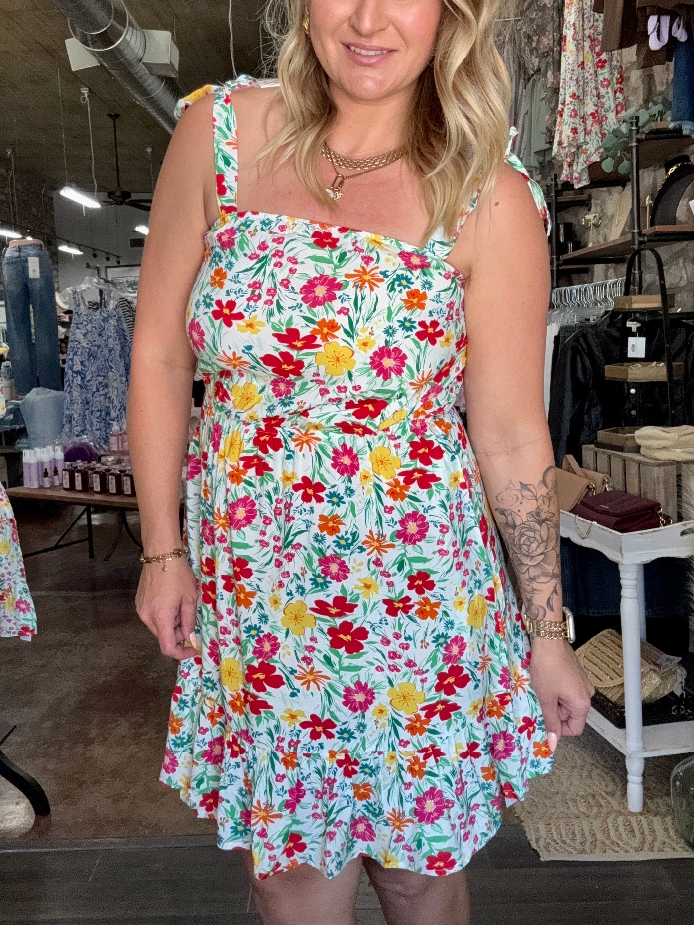 Floral Knotted Strap Cinched Ruffled Dress