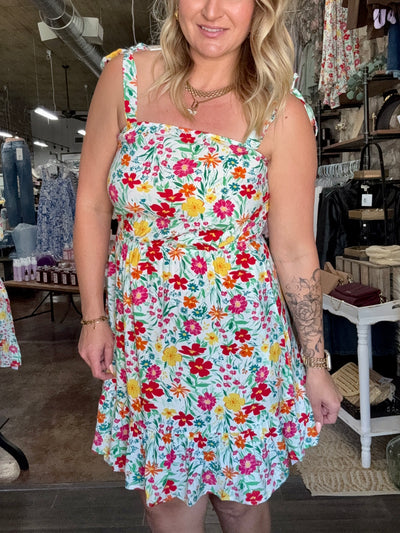Floral Knotted Strap Cinched Ruffled Dress
