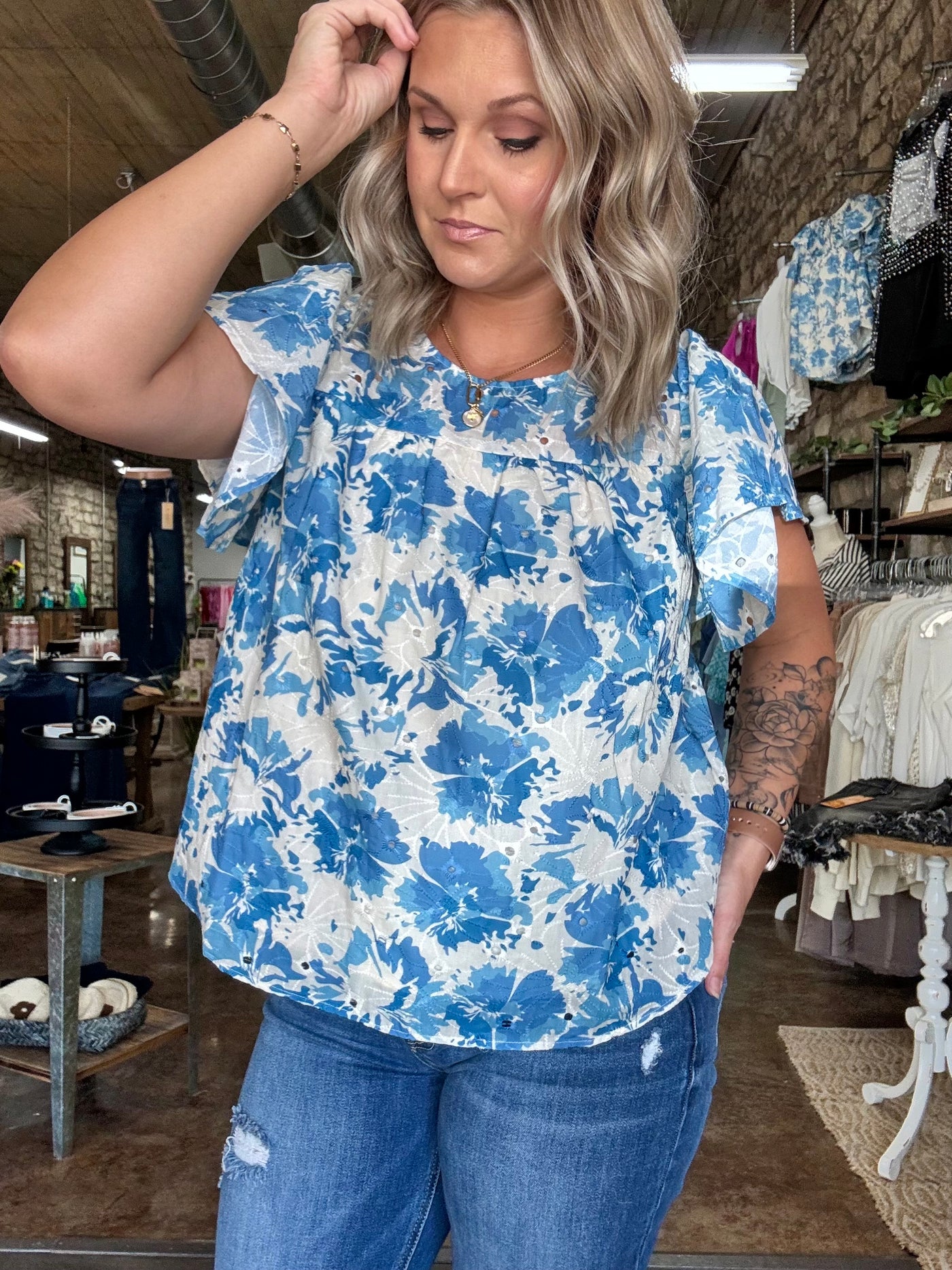 Blue Butterfly Sleeve Top