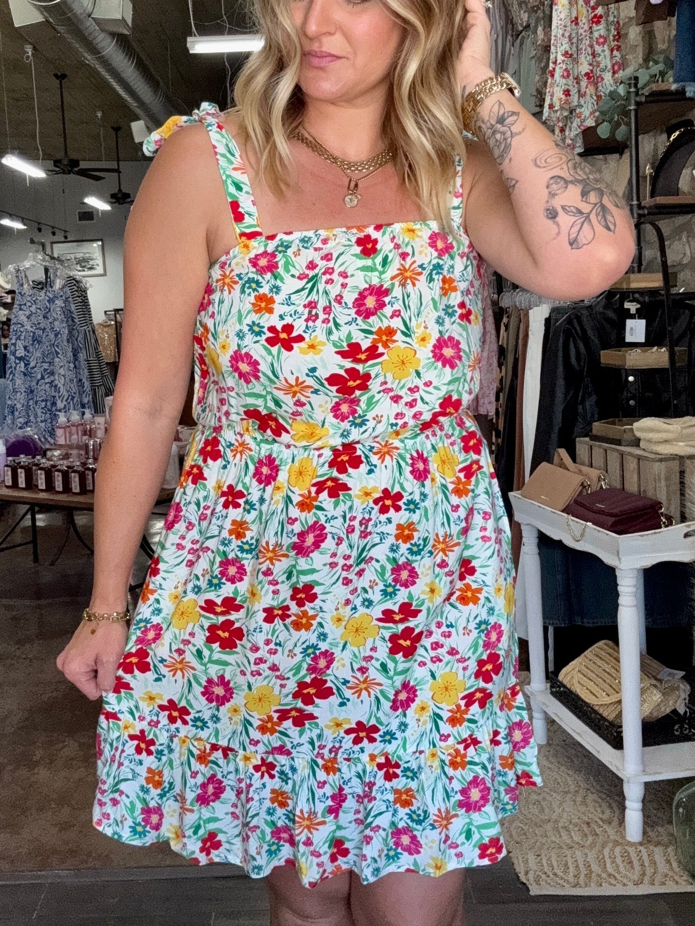 Floral Knotted Strap Cinched Ruffled Dress