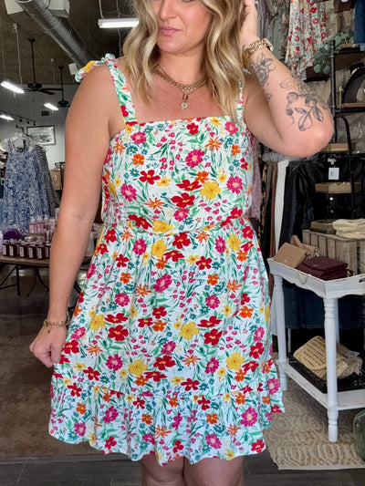 Floral Knotted Strap Cinched Ruffled Dress