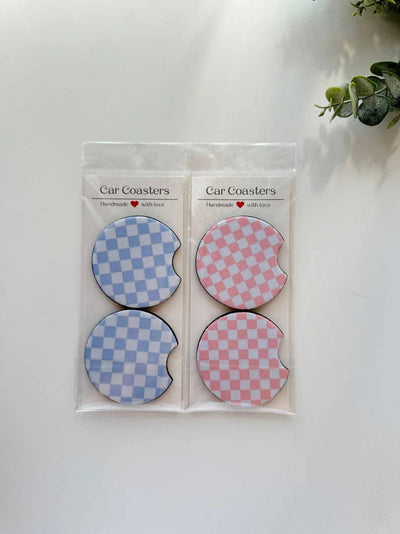 Checker Car Coasters, Set of 2 Car Checker Coasters, Cute Car Accessories, Cup Holder Coasters