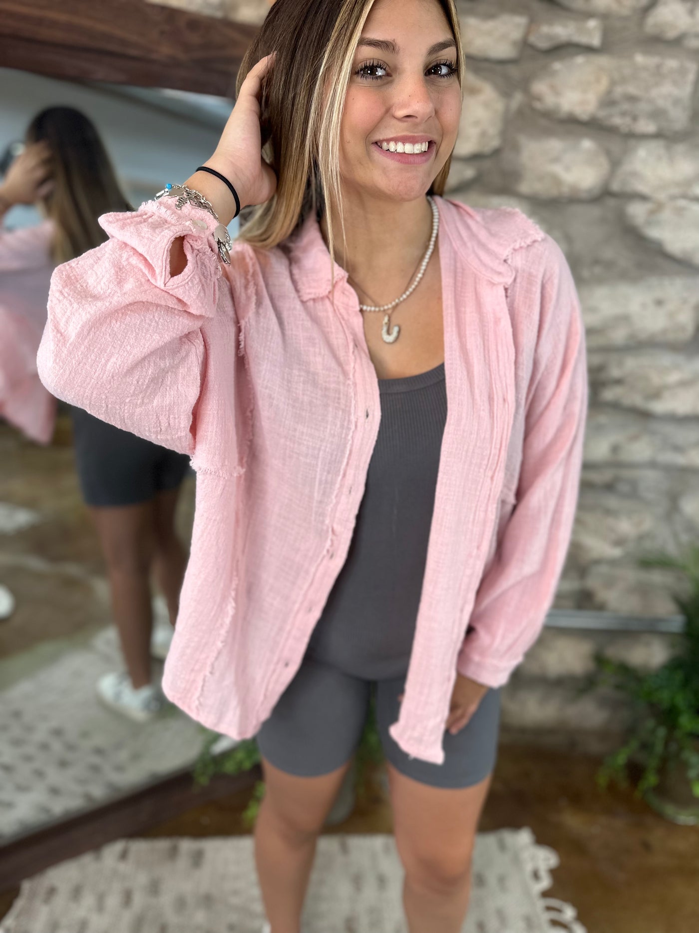 Light Pink Distressed Button Down