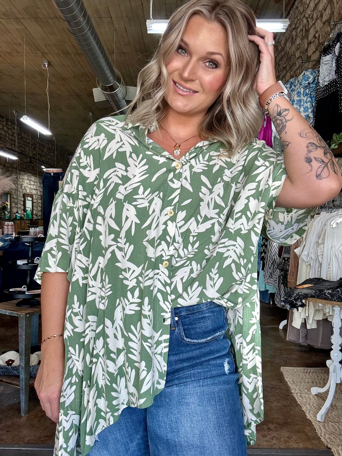 Button Up Dolman Leaf Top