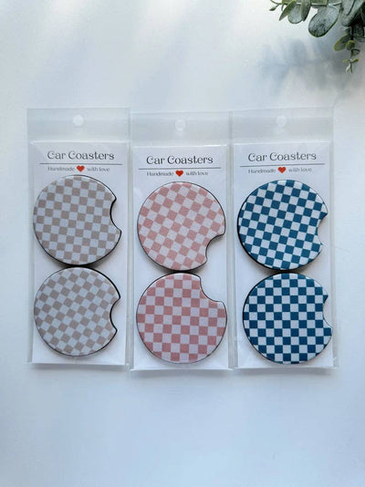 Checker Car Coasters, Set of 2 Car Checker Coasters, Cute Car Accessories, Cup Holder Coasters