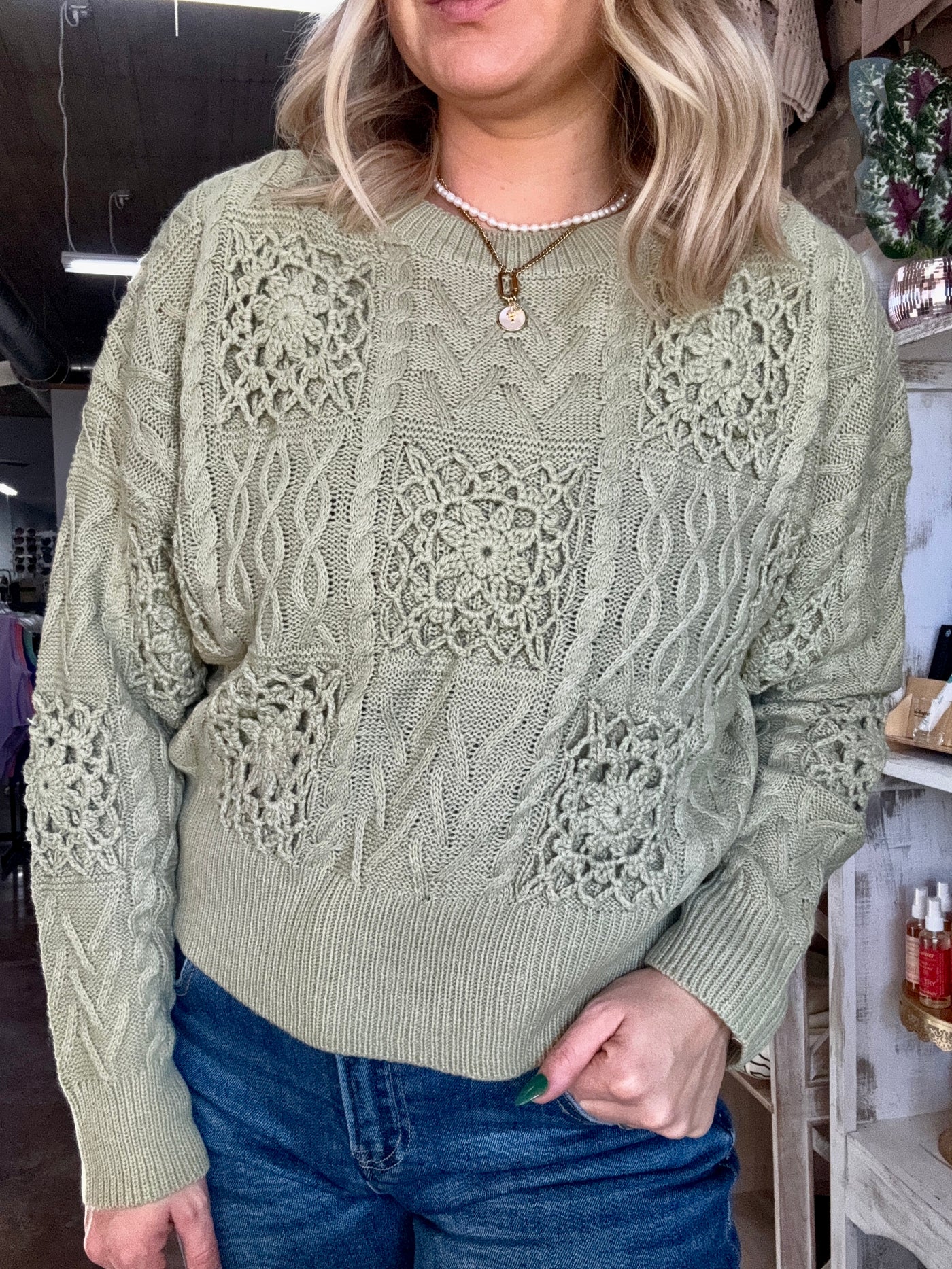 Floral Crochet Knit Sweater (Olive)