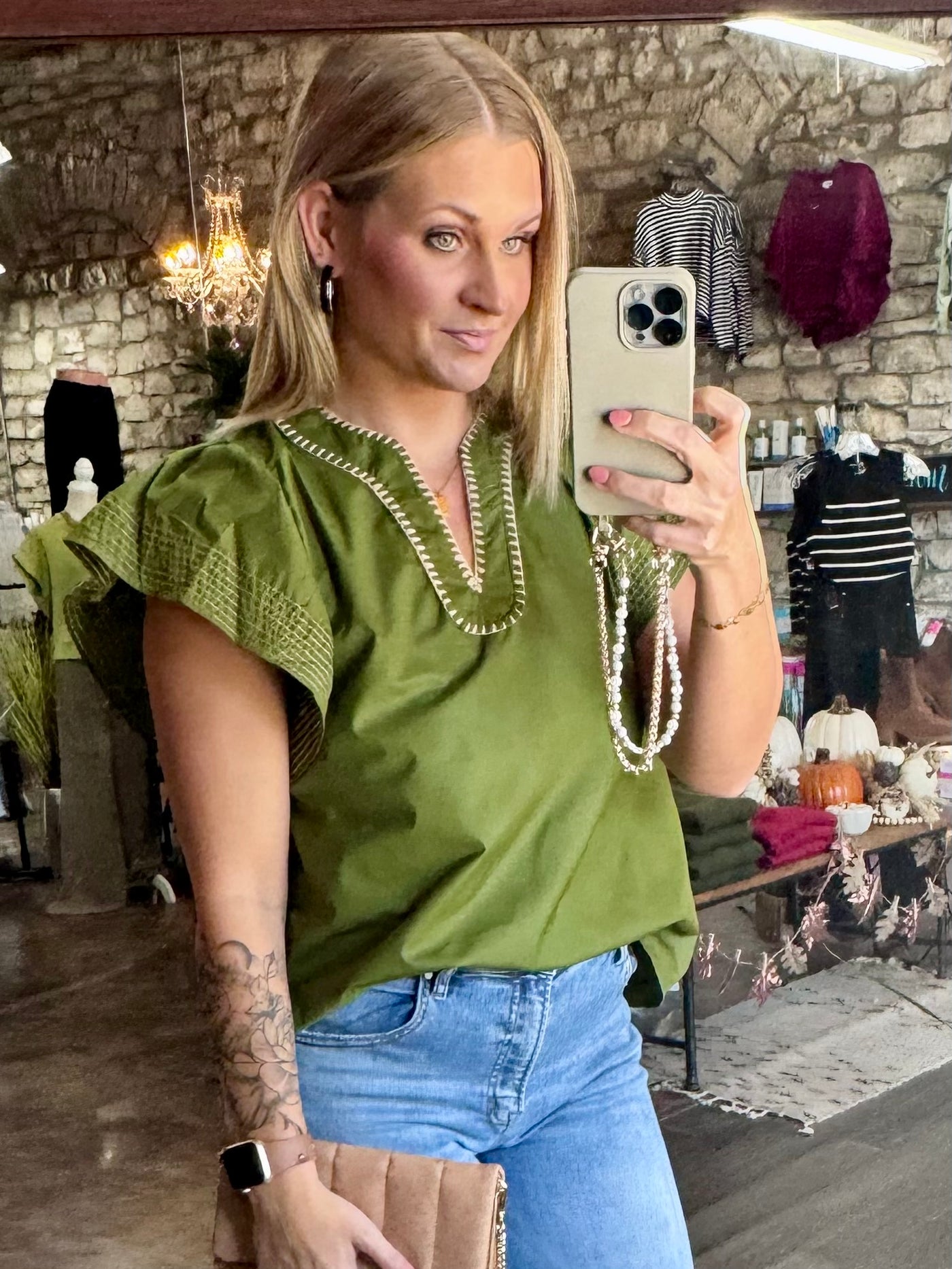 Olive V-neck Stitched Top