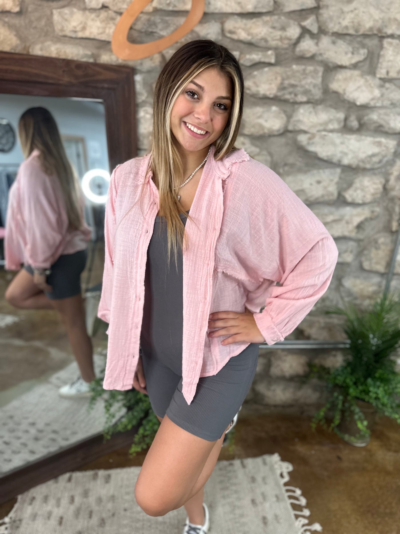 Light Pink Distressed Button Down