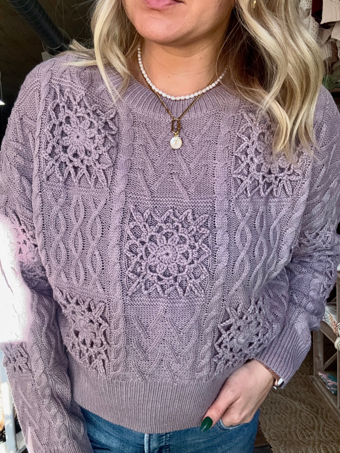 Floral Crochet Knit Sweater (Ash)