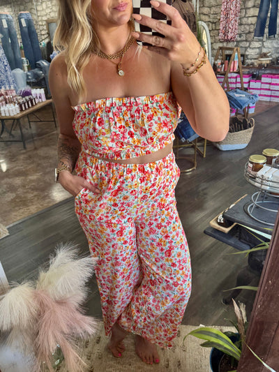Boho Floral Bandeau Top & Wide Leg Pants Set