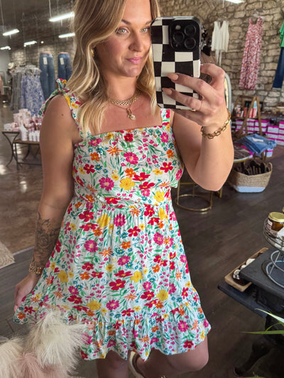 Floral Knotted Strap Cinched Ruffled Dress