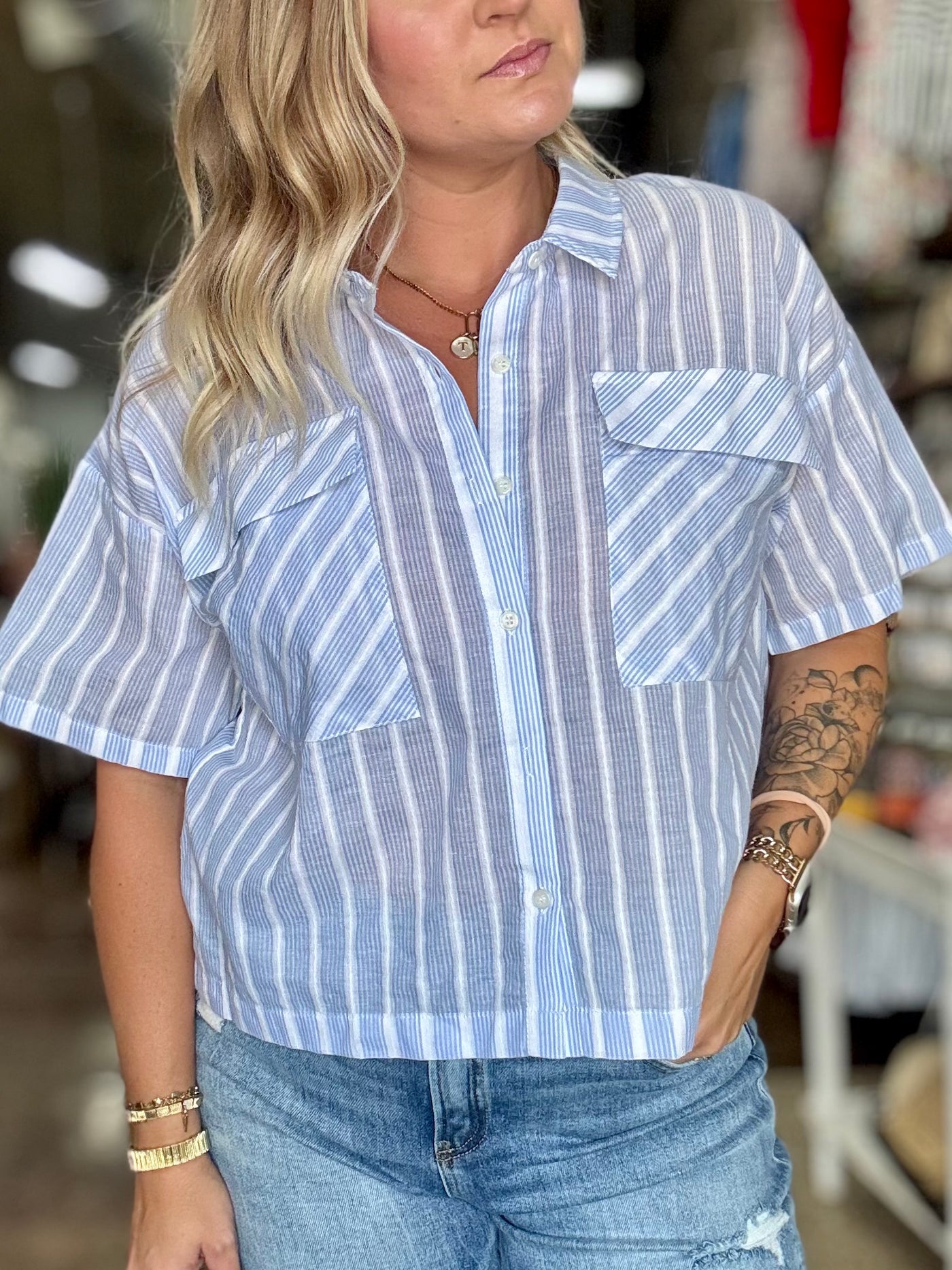 Striped Button Up-Sky/White
