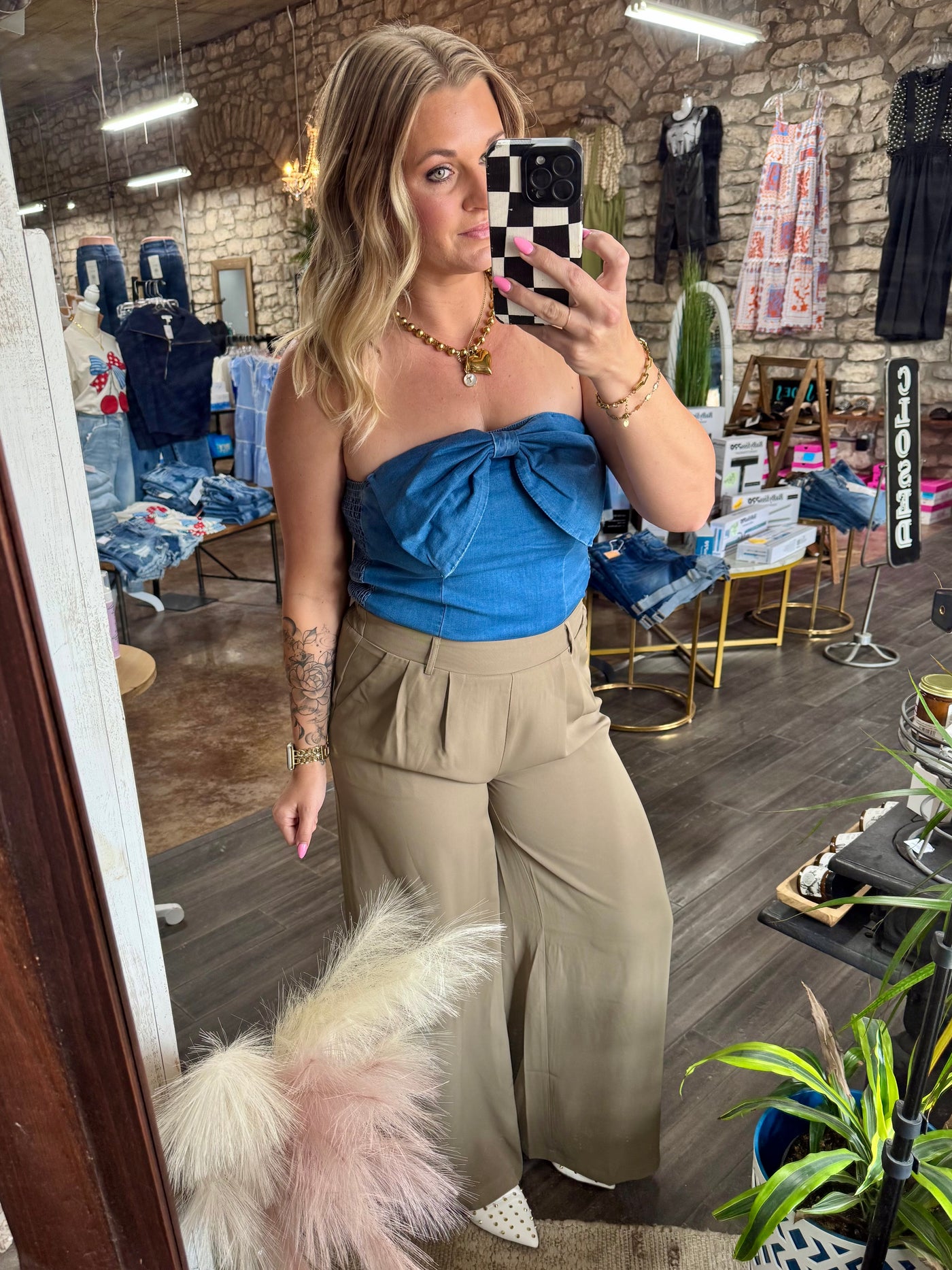 Vintage Front Bow Denim Tube Top