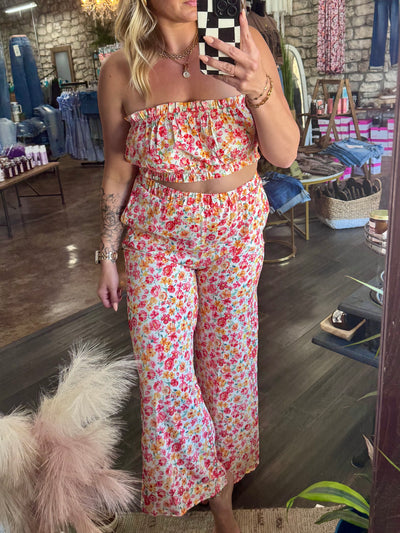 Boho Floral Bandeau Top & Wide Leg Pants Set