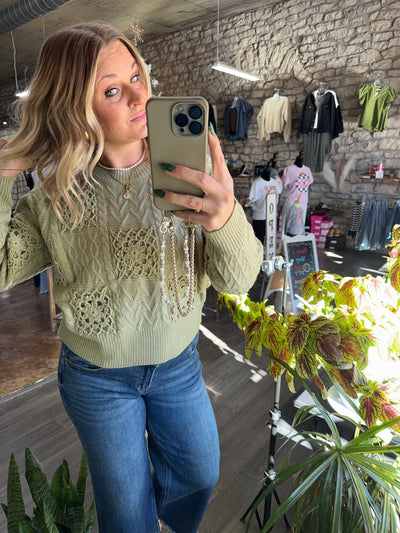 Floral Crochet Knit Sweater (Olive)