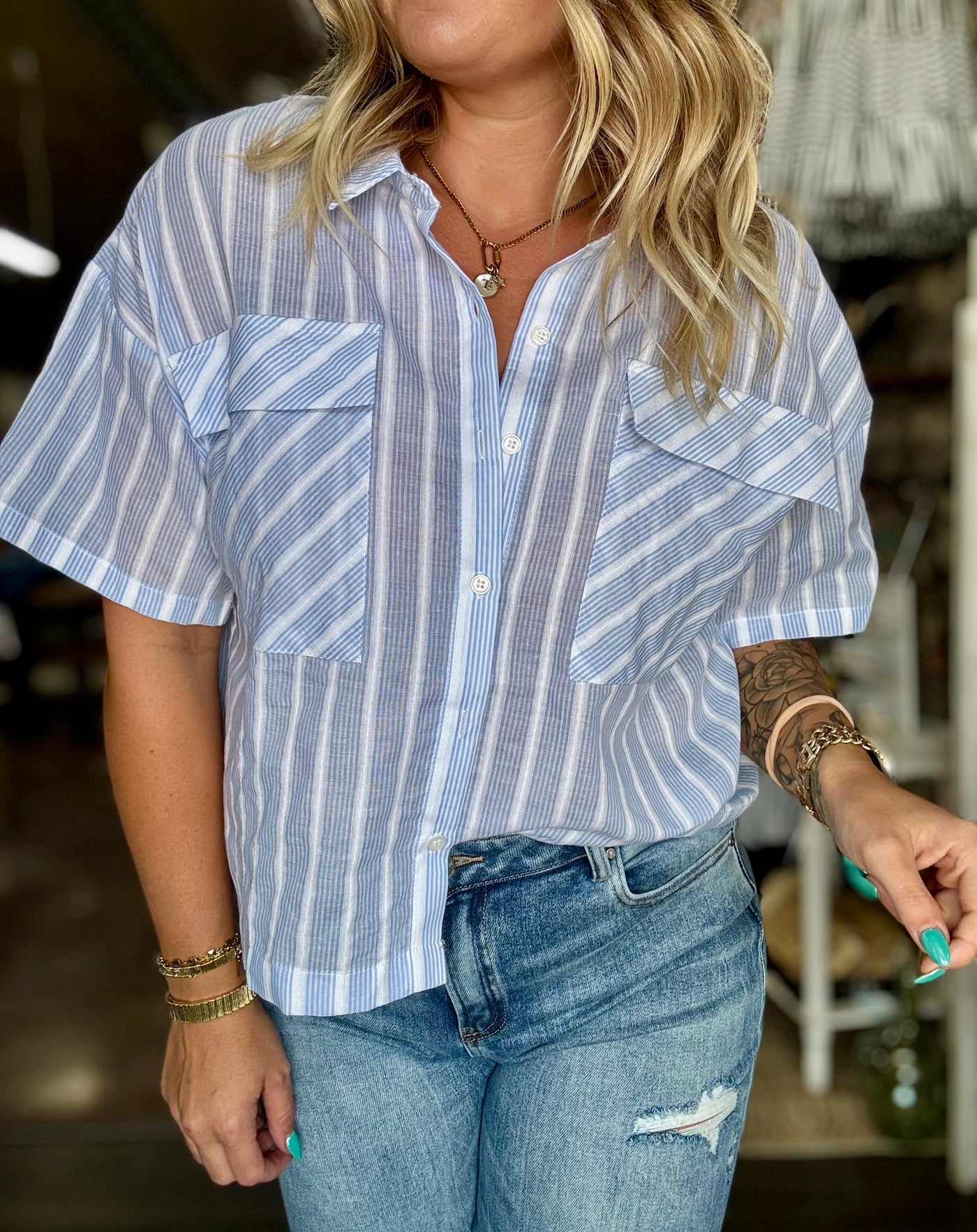 Striped Button Up-Sky/White