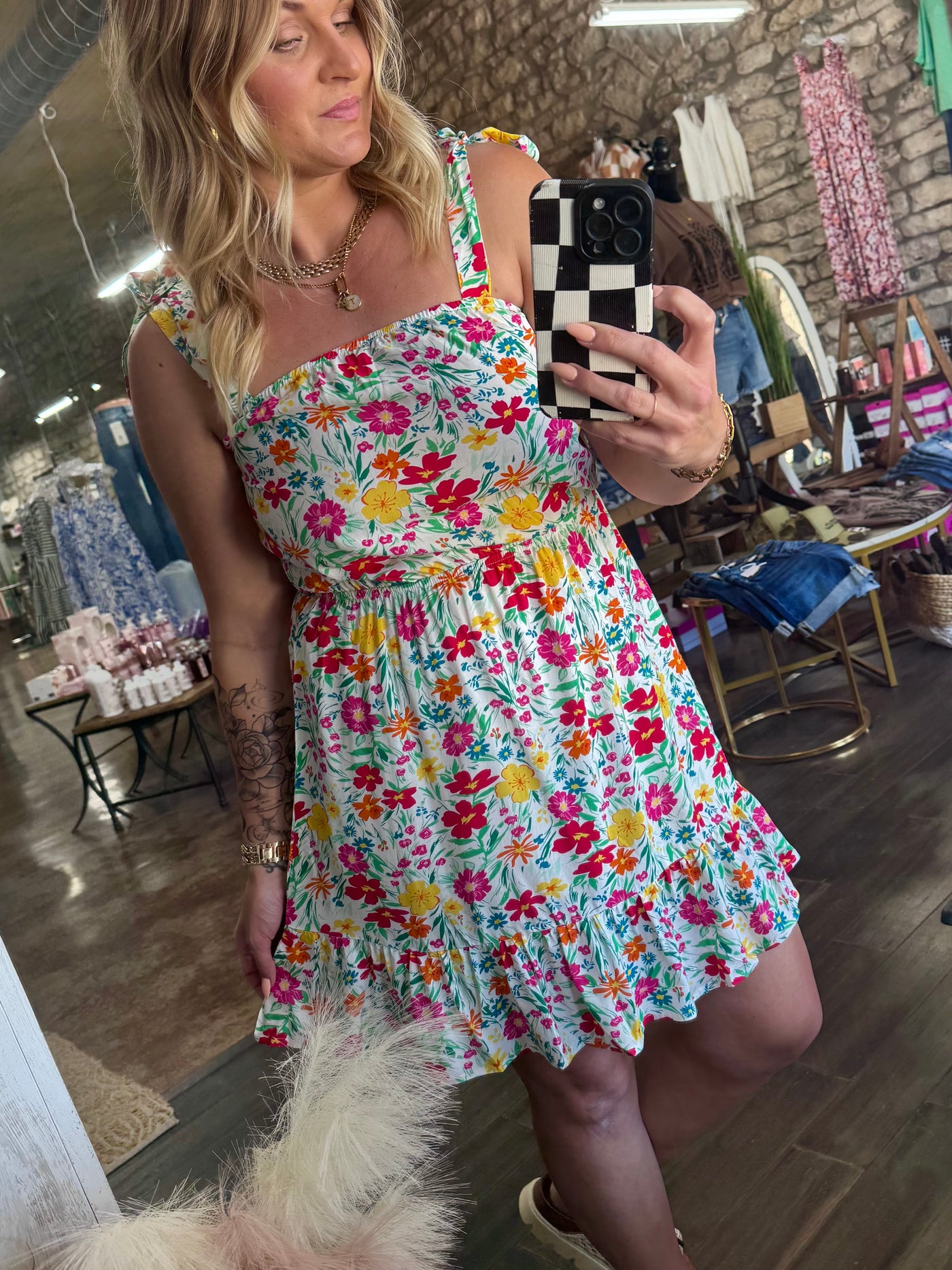 Floral Knotted Strap Cinched Ruffled Dress