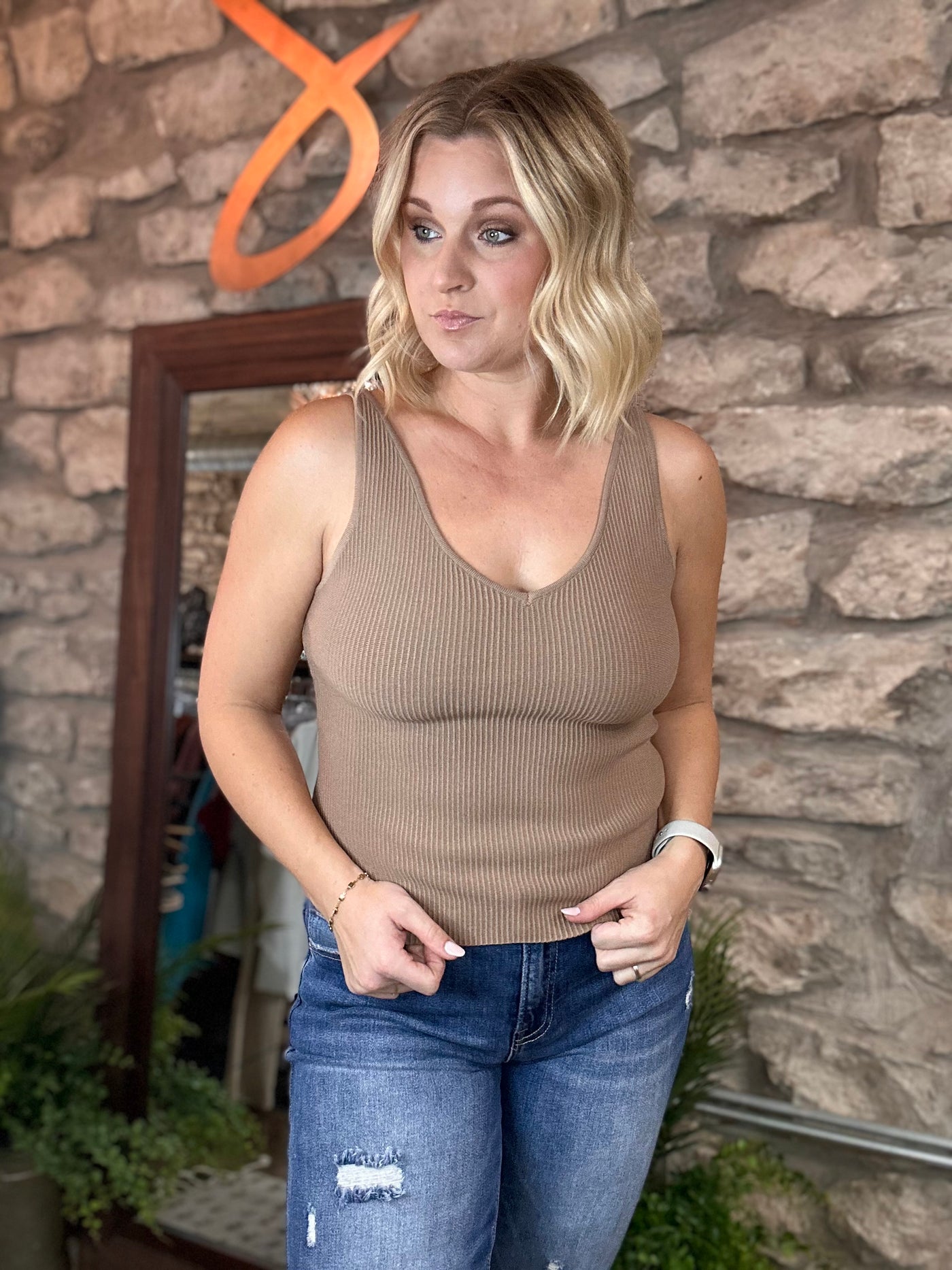 Ribbed V-Neck Fitted Top