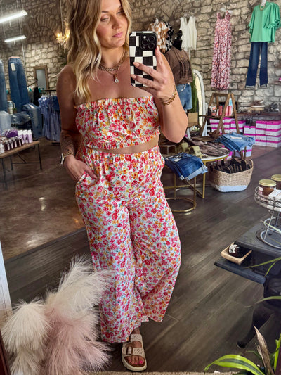 Boho Floral Bandeau Top & Wide Leg Pants Set