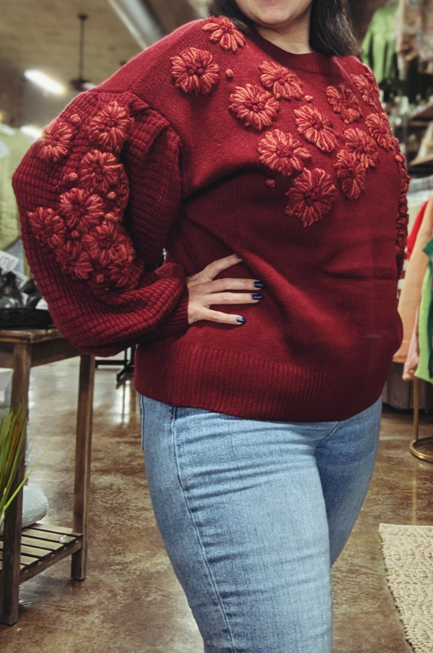 Flower Knit Sweater (Crimson)