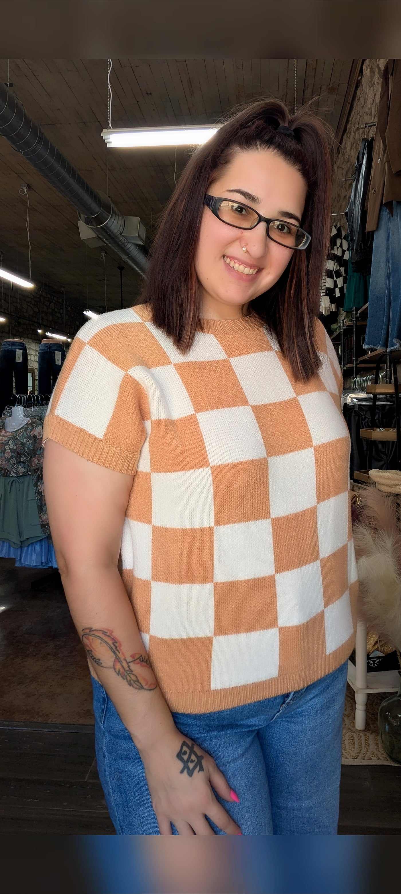Checkered Knit Dolman Top