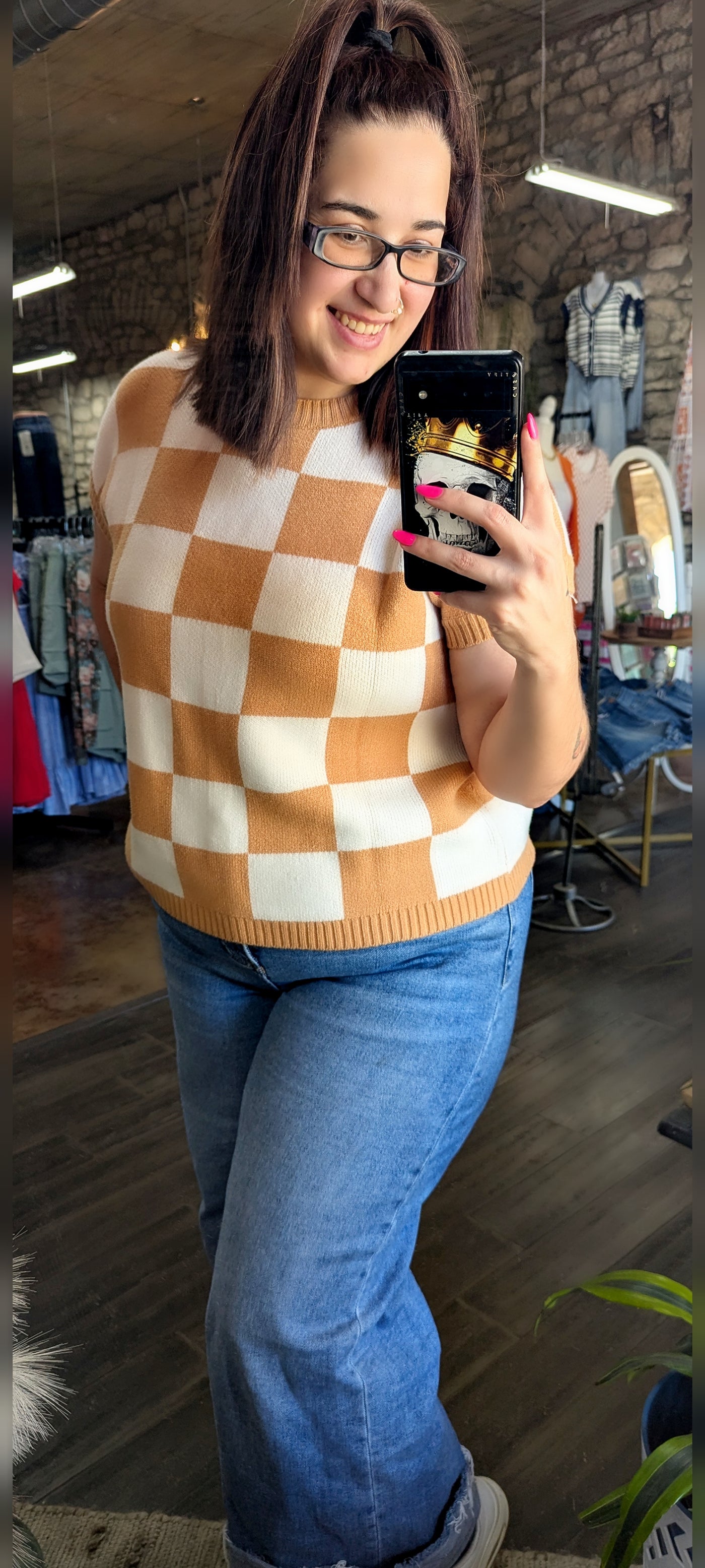 Checkered Knit Dolman Top