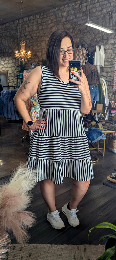 Stripe U Neck Sleeveless Loose Fit Mini Dress
