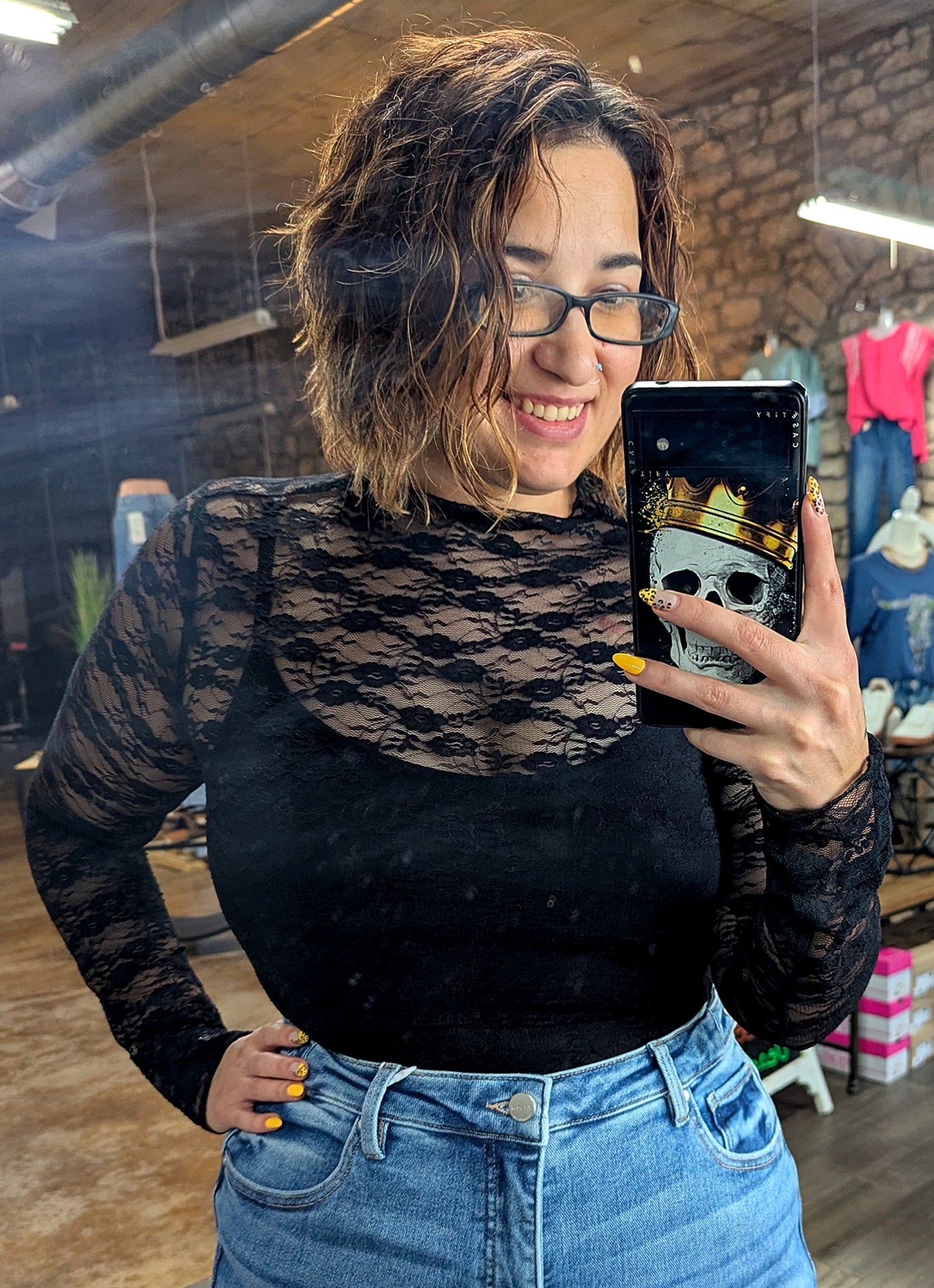 Floral Sheer Lace Top-Black