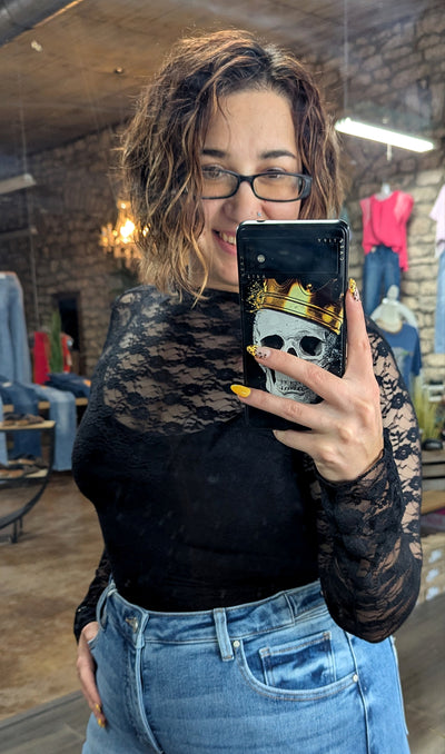 Floral Sheer Lace Top-Black