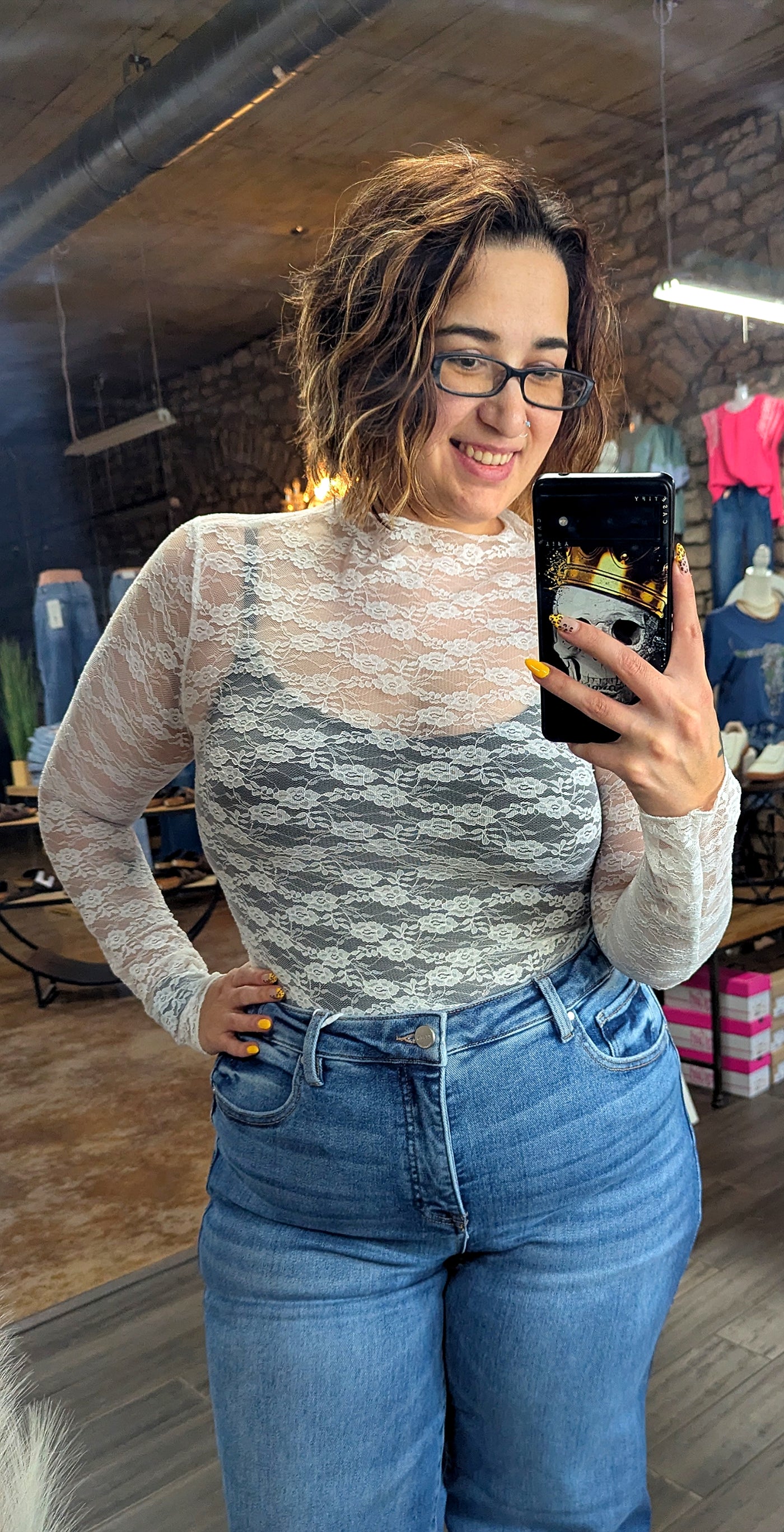 Floral Sheer Lace Top-White