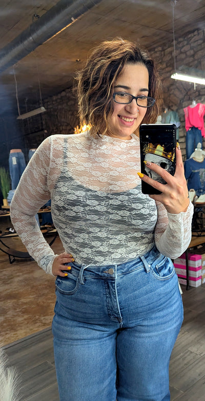 Floral Sheer Lace Top-White