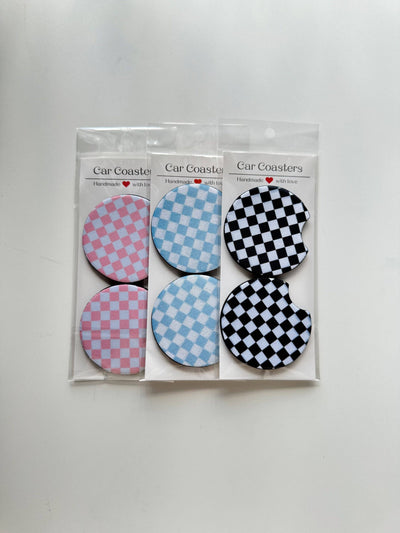 Checker Car Coasters, Set of 2 Car Checker Coasters, Cute Car Accessories, Cup Holder Coasters