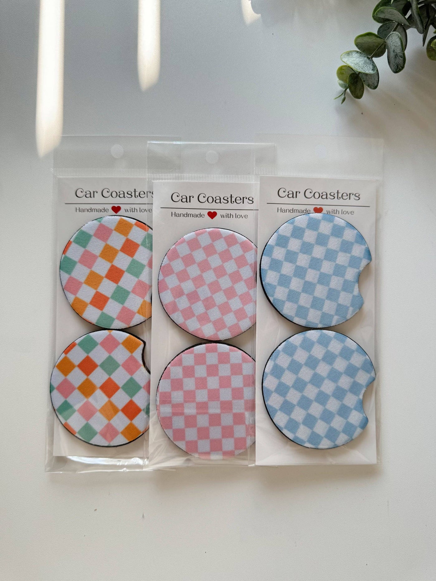 Checker Car Coasters, Set of 2 Car Checker Coasters, Cute Car Accessories, Cup Holder Coasters