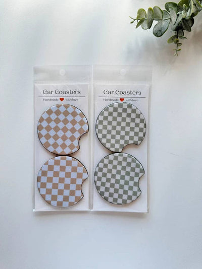 Checker Car Coasters, Set of 2 Car Checker Coasters, Cute Car Accessories, Cup Holder Coasters