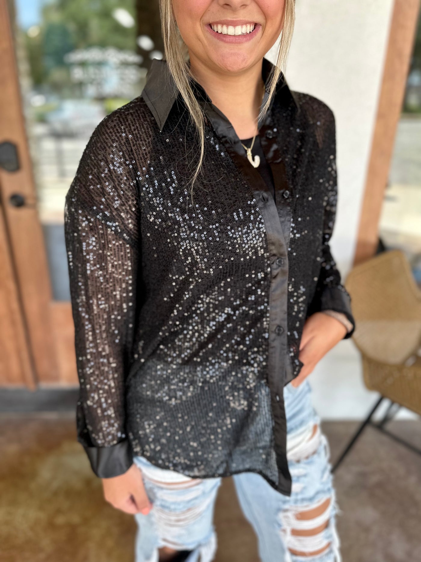 Black Sequin Charm Top