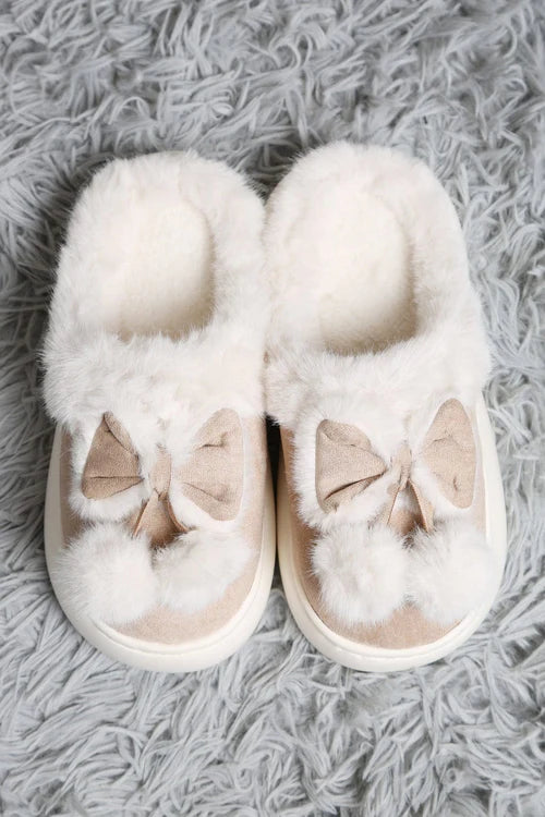 Faux Suede Fuzzy Bow & PomPom Slippers