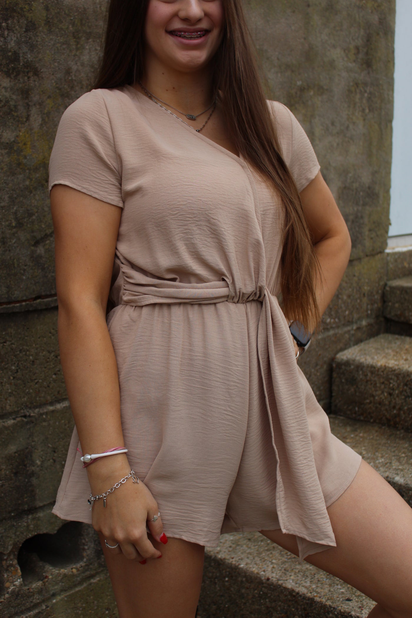 Taupe Front Tie Romper