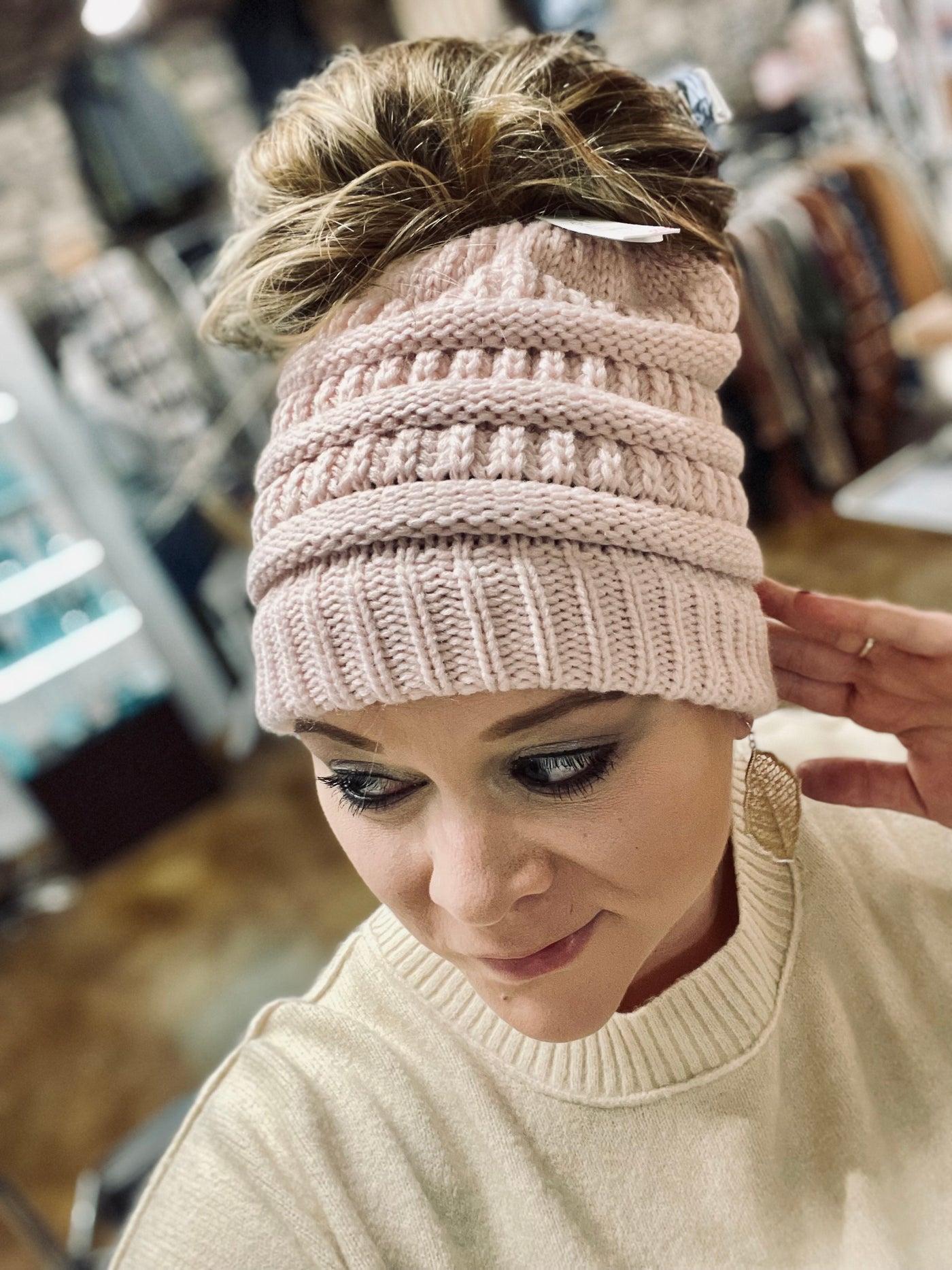 Light Pink Messy Bun Beanie