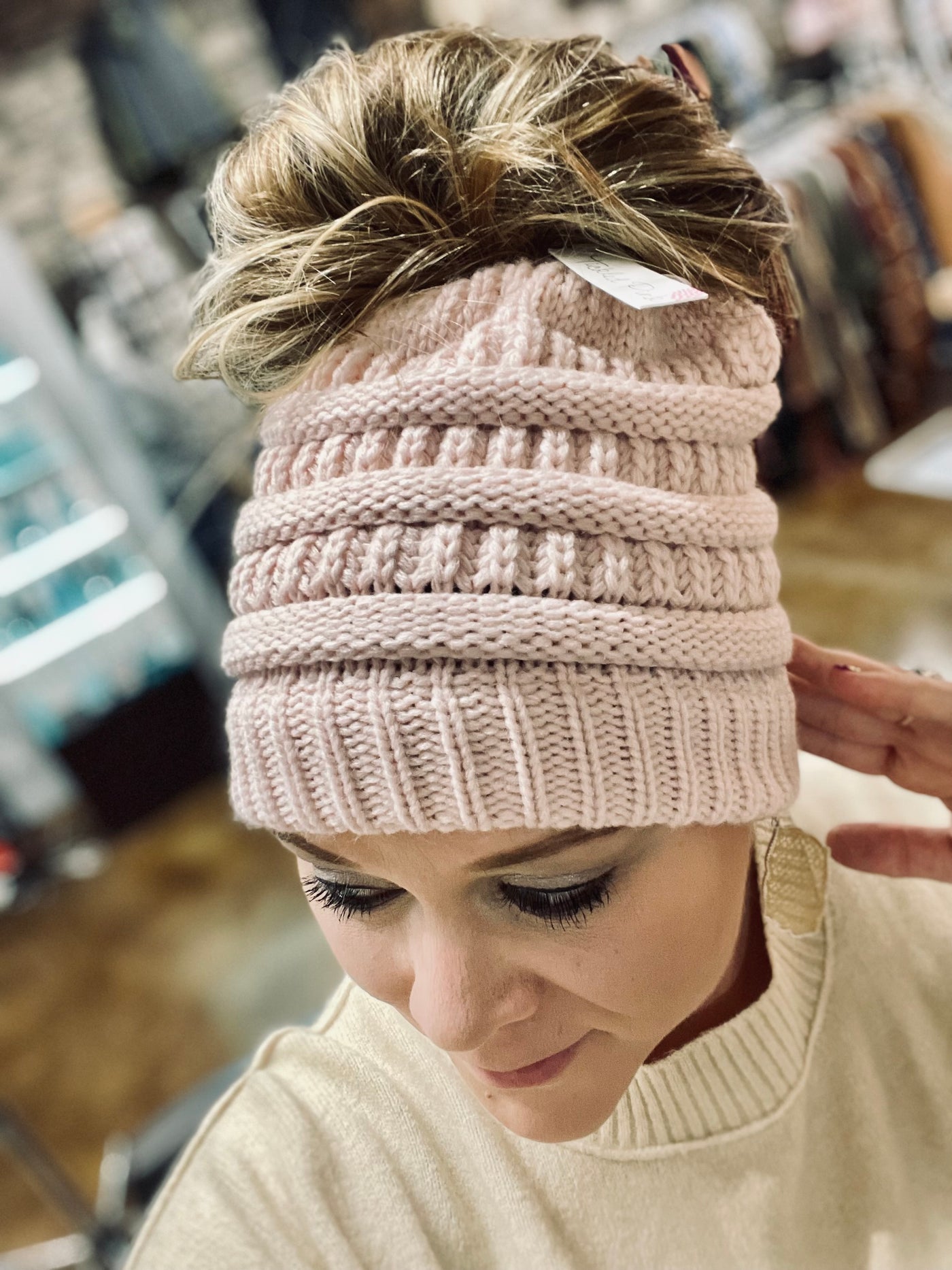 Light Pink Messy Bun Beanie